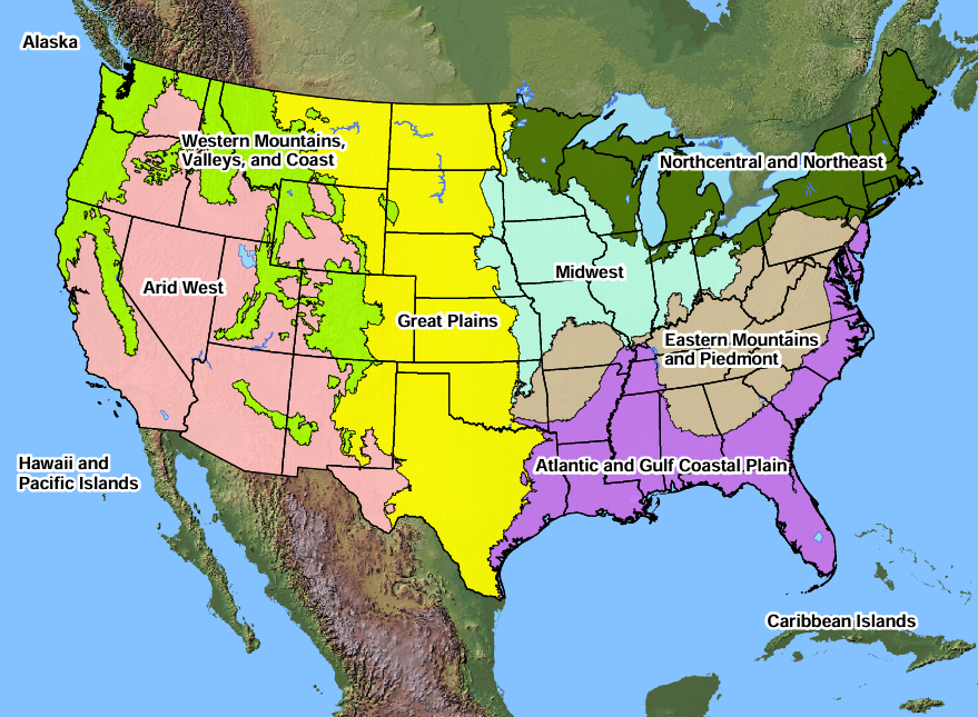Map the United states including Alaska and Hawaii detailing the areas or regions to apply the specifc  Wetland Delineation regional Supplement. Lime green indicates the use of the "Western Mountains, Valleys and Coast" supplement; the area in yellow indicates the use of the "Great Plains" supplement; the area in Pink indicates the use of the "Arid West" Suplement. these three supplements are the only supplements that can be applied in the SPA, regulatory division Area of Responcibility.